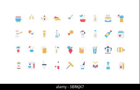 Alkohol Bar Getränke, heiße und kalte Getränke in Glas, Flasche, Aluminium Dose Farbe Symbol Set. Limonadenwasser und Cocktail mit Eis, Weinfass, Margarita und Martini-Tasse, Bier Pint flache Vektor-Illustration Stock Vektor