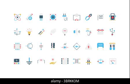 Elektronische Bauteile, Computerteile, Schaltplan, Farbsymbole für elektrische Geräte. Halbleiter- und LED-Lampe, Batterie und Diode, Multimeter, flache Vektorgrafik des Transformators Stock Vektor