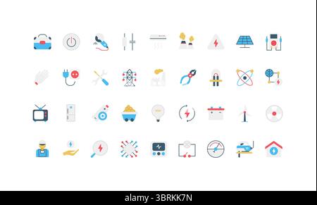 Farbsymbole für Elektrizität, Stromversorgung, Elektriker-Werkzeugkasten, Reparatur- und Wartungsservice. Stecker und Steckdose, Batterie und Schalter, Wind und Sonne, flache Vektorillustration des Kernkraftwerks Stock Vektor