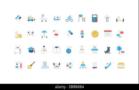 Tagesaktivitäten und Routineplanung, Arbeitszeiten an Wochentagen und Wochenenden, Freizeitsymbole in Farbe. Shopping und Training im Fitnessstudio, Arbeitsplatz und Unterhaltung, Schlaf flach Vektor Illustration Stock Vektor