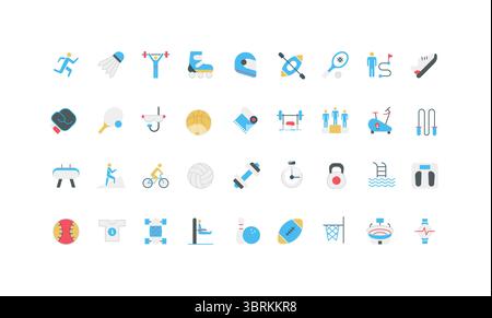 Sporttraining, Fitness im Fitnessstudio und Outdoor Wandern, Wettkampf und Workout Kleidung Farbe Icon Set. Volleyball- und Basketballspiel, Baseball und Boxen, Training mit Trainer flache Vektor-Illustration Stock Vektor