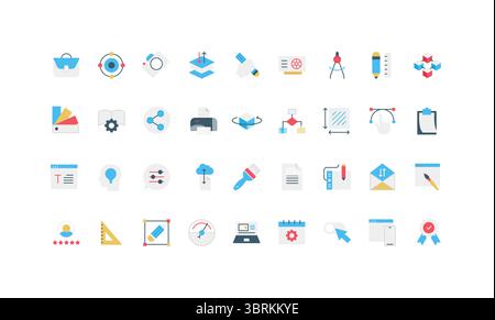 Grafik- und Webdesign, Werkzeuge und Optionen, Designer- und Autorenausrüstung, Farbsymbolsatz für Softwareeinstellungen. Arbeiten mit Ebenen und Entwurf, UI UX-Ideen und Portfolio, Kalender-Vektorillustration Stock Vektor