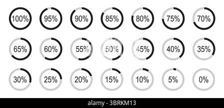 Runddiagrammsymbole für Infografiken von 0 bis 100 Prozent. Prozentsatz der Infografik-Elemente. Schwarze, graue Füllung geteilte Tortendiagramme minimalistisch Stock Vektor