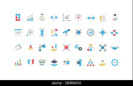 Wachstums- und Fortschrittsplanung, Fokus und Mindset für Erfolg Karriere, Business Color Symbolset. Börsendiagramm und Trendvision, Performance und Evolution, Pfeile nach oben nach unten flache Vektorgrafik Stock Vektor