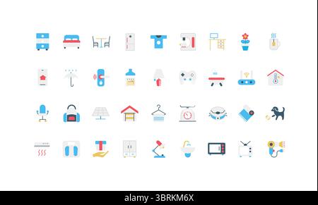 Wohnkomfortartikel, Elektrogeräte und Dienstleistungen, komfortable Möbel und Zimmerpflanzen Farbsymbole. Intelligente Sensoren für Temperatur- und Klimaregelung, Vektorgrafik für Garagen Stock Vektor