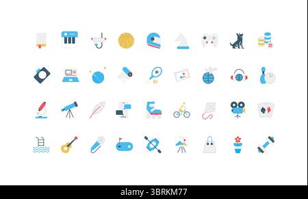 Hobby-, Outdoor- und Indoor-Aktivitäten, Übungen und aktive Spiele, Farbsymbole für Freizeitaktivitäten. Wochenendspaß Freizeit zu Hause, Gitarre und Lied, Buch und Malerei, Handwerk Hobby flache Vektor Illustration Stock Vektor