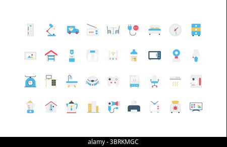Haushaltsgeräte für Küche und Reinigung, Möbel Farbe Icon Set. Elektrische Geräte Sammlung mit Kaffeemaschine und Kühlschrank, Mikrowelle und Lampe, Toaster, Haartrockner flache Vektorillustration Stock Vektor