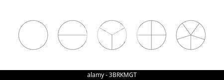 Tortendiagrammvorlage von 1 bis 5. Segmentierte Diagramme. Viele Sektoren teilen den Kreis auf gleiche Teile. Schwarze Grafiken konturieren. Pizzakarten Set Stock Vektor