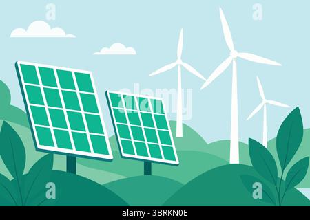 Renewable Energy Landscape Illustration Solar Panels and Wind Turbines Green Energy and Sustainable Future Clean Power Generation Scene Stock Vektor