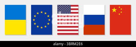 Vektorsammlung von Weltflaggen einschließlich Ukraine, USA, China, Europäische Union, Vereinigtes Königreich und Russland in a4-Posterproportionen isoliert Stock Vektor