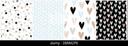 Nahtlose Vektormuster Im Kindlichen Stil Mit Polka Dots And Hearts. Weiße kleine Herzen auf pastellblauem Hintergrund. Handgezeichnetes Punktmuster. Stock Vektor