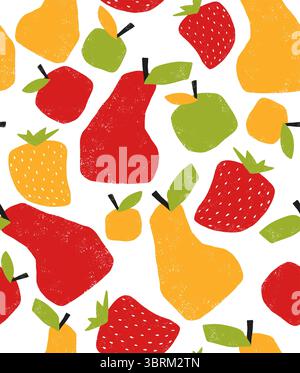 Niedliches Nahtloses Vektor-Muster Mit Früchten. Handgezeichneter unregelmäßiger Druck mit Äpfeln, Birnen und Erdbeeren auf weißem Hintergrund. Kindliches Endlosmuster Stock Vektor