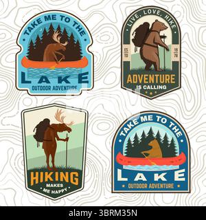 Bring mich zum See und Wandern macht mich glücklich, wenn ich campen möchte. Vektor. Aufnäher mit Wanderelchen und Bären. Outdoor-Abenteuer. Stock Vektor