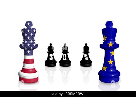 Schach aus USA- und EU-Flaggen. Europa Union und Vereinigte Staaten von Amerika Handel, Zölle, Zölle und Zollkrieg. Stockfoto