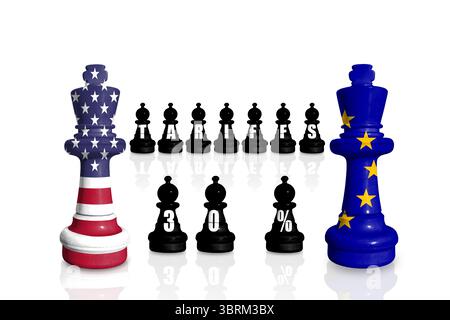 Schach aus USA- und EU-Flaggen. Europa Union und Vereinigte Staaten von Amerika Handel, Zölle, Zölle und Zollkrieg. Stockfoto