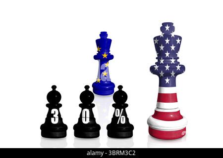 Schach aus USA- und EU-Flaggen. Europa Union und Vereinigte Staaten von Amerika Handel, Zölle, Zölle und Zollkrieg. Stockfoto