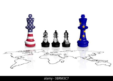 Schach aus USA- und EU-Flaggen. Europa Union und Vereinigte Staaten von Amerika Handel, Zölle, Zölle und Zollkrieg. Stockfoto