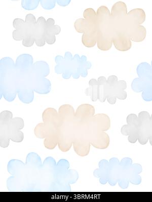 Einfaches handgezeichnetes unregelmäßiges Vektormuster mit Pastellblau, Grau und Beige Wolken auf weißem Hintergrund. Baby Shower Endless Print Für Baby Boy. Stock Vektor