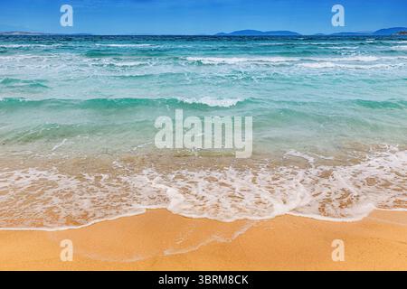 Sanfte Wellen, die auf goldenen Sand an einem sonnendurchfluteten Strand plätschern und türkisfarbenes Wasser unter einem klaren blauen Himmel zeigen Stockfoto