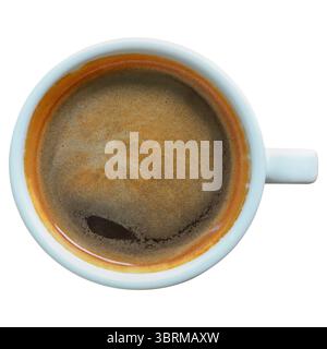 Draufsicht einer Tasse Kaffee auf weißem Hintergrund. Stockfoto