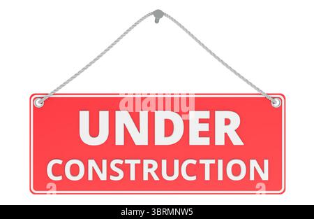 Schild „Arbeiten in Bearbeitung“ an der Kranhakenhalterung. 3D-Rendering isoliert auf weißem Hintergrund Stockfoto