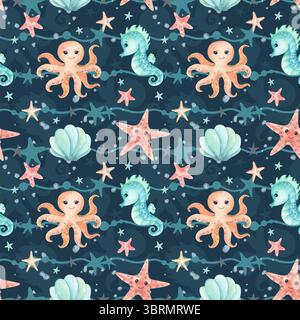 Tintenfisch, Seepferd, Seesterne Kinderfiguren nahtloses Muster isoliert auf dunklem Hintergrund mit Silhouette von Wassertieren. Aquarellzeichen Stockfoto