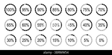 Prozentsatz der Infografik-Elemente. Runddiagrammsymbole für Infografiken von 0 bis 100 Prozent. Schwarze, graue Füllung geteilter Kreisdiagramme Stock Vektor