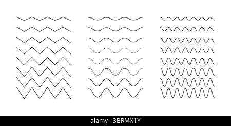 Wellige, kurvige, minimalistische Linien im Zickzack. Einfache schwarze, wellige Ränder, horizontale Querlinie. Sinus, Flüssigkeit, Luft, Windzeichen. Wasser, Fluss, See, Meer Stock Vektor