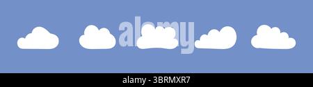 Flauschige Wolken Set. Wolken im blauen Himmel. Geschwollene Kumuluswolken auf blauem Hintergrund. Bewölkte Formen Mockups. Wettervorlagen für minimale Elemente. Objekte Stock Vektor