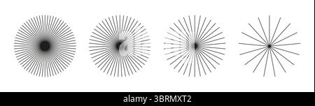 Set mit Sunburst-Element, Radialstreifen. Strahlstrahlen, Burst. Sonnensterne. Speichen mit strahlendem Streifengitter. Radiale Kreisstrahlungslinien. Kreisförmig Stock Vektor