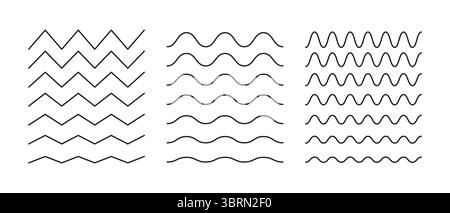 Set aus gewellten, kurvigen, Zickzacklinien. Einfache schwarze, wellige Ränder, horizontale Querlinie. Sinus, Flüssigkeit, Luft, Windzeichen. Wasser, Fluss, See Stock Vektor