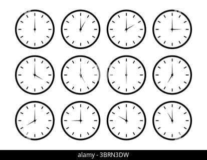 Satz von Uhrsymbolen. Runde Uhren Gesichter mit unterschiedlicher Zeit. Zeitgrafik-Symbol auf weißem Hintergrund isoliert. Flache Grafik des Zifferblatts. Stock Vektor