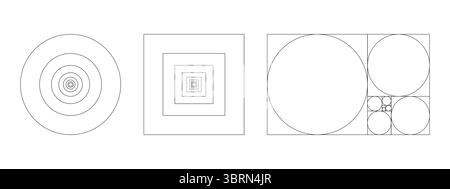 Golden Ratio-Vorlagen. Goldener Abschnitt der Methode. Fibonacci Formen, Array, Zahlen. Harmonische Proportionen. Die grafische Umrissdarstellung ist auf einem weiß isoliert Stock Vektor