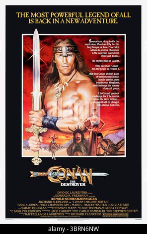 Conan the Destroyer (1984) von Richard Fleischer mit Arnold Schwarzenegger, Grace Jones und Wilt Chamberlain. Conan begibt sich auf die Suche nach einem magischen Artefakt und beschützt eine Prinzessin. Foto eines Original-Posters aus dem Jahr 1984 (USA), das NUR FÜR REDAKTIONELLE ZWECKE VERWENDET WIRD. Quelle: BFA / Universal Pictures Stockfoto