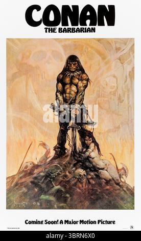 Conan the Barbarian (1982) unter der Regie von John Milius mit Arnold Schwarzenegger, James Earl Jones und Sandahl Bergman. Ein junger Barbar sucht Rache an dem Kriegsherren, der sein Dorf zerstört hat. Fotografie eines Original-Posters aus dem Jahr 1982, das AUSSCHLIESSLICH ZUR REDAKTIONELLEN VERWENDUNG VON Frank Frazetta DIENT. Quelle: BFA / Universal Pictures Stockfoto