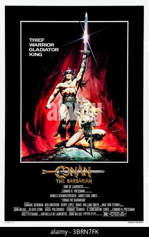 Conan the Barbarian (1982) unter der Regie von John Milius mit Arnold Schwarzenegger, James Earl Jones und Sandahl Bergman. Ein junger Barbar sucht Rache an dem Kriegsherren, der sein Dorf zerstört hat. Foto eines Original-Posters aus dem Jahr 1982 mit einem Blatt, das AUSSCHLIESSLICH ZUR REDAKTIONELLEN VERWENDUNG von Renato Casaro VERWENDET WIRD. Quelle: BFA / Universal Pictures Stockfoto