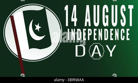 Leuchtendes grünes Banner zum Gedenken an Pakistans Unabhängigkeitstag am 14. August mit der Nationalflagge, Stock Vektor