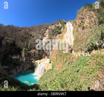 Cascadas de El Chiflon, Chiflon Wasserfälle, Centro Ecoturistico Cascadas el Chiflon, Chiapas Bundesstaat Mexiko in der Nähe der Grenze zu Guatemala, Panorama Landsc Stockfoto