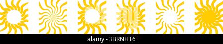 Set mit groovigen vertikalen Postern der Sonnenstrahlen. Sonnenschein, Sonnenlicht oder Sonnenschein Hintergründe. Hintergrund im Frühling oder Sommer. Gutes Vibes-Konzept. Modernes lustiges Muster. Illustration der Vektorabwicklung. Stock Vektor