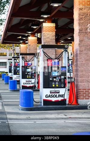 Issaquah, WA, USA – 19. Januar 2025; Reihe von Benzinpumpen der Marke Costco Kirkland Signature an der Tankstelle des Unternehmens Stockfoto