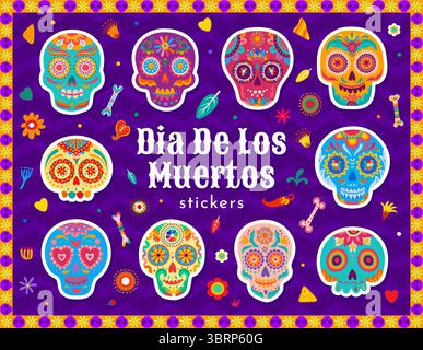 Day of the Dead Sugar Calavera Skelett Schädel Aufkleber Pack, Cartoon Vektor Set. Mexikanische feiertagsfeier Dia de Los Muertos Aufkleber mit Calavera-Schädeln mit Ringelblumen und Chilischoten-Ornamenten Stock Vektor