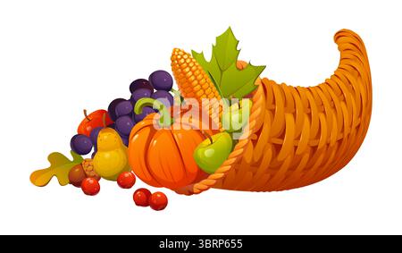 Glückliches Erntedankfest und Erntesymbol. Isoliertes Vektorhorn mit viel Obst und Gemüse. Apfel, Birne, Trauben und Beeren, Herbstblätter, Eichel und reifer orangener Kürbis Stock Vektor