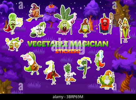 Aufkleber-Paket mit Gemüsemagier und Zauberern, Zauberern und Hexenfiguren. Bauernhof frisches Gemüse Hexer Vektor Aufkleber mit Salat, Kartoffel und Kohlrabi, Artischocke, Paprika und Mais, Zwiebeln Stock Vektor