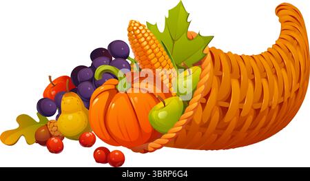 Glückliches Erntedankfest und Erntesymbol. Isoliertes Vektorhorn mit viel Obst und Gemüse. Apfel, Birne, Trauben und Beeren, Herbstblätter, Eichel und reifer orangener Kürbis Stock Vektor