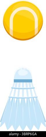Zeichentricksymbol mit einem Tennisball und einem Badminton-Shuttlecock. Vector Kids Sport Schriftart, Schriftart, lustige Kinderschrift, Alphabet Glyphe oder Satzzeichen als Sportspielgerät Stock Vektor