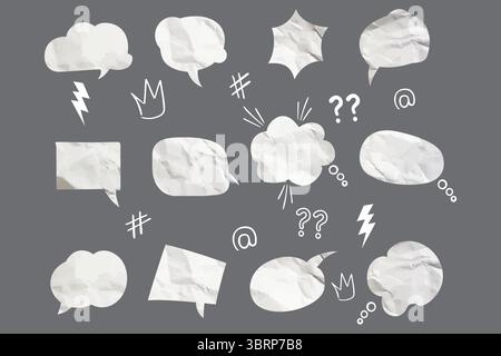 Weiße Sprechblasen aus zerknittertem Papier mit trendigen Elementen. Gepunktete Halbtongrafik in sozialen Medien, moderne Retro-Vektor-Illustration für gemischte Stock Vektor