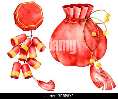 Feuerwerkskörper-Ornament und roter Seidenbeutel mit goldenen Perlen, in Aquarell gemalt. Klassische Glückssymbole, die für chinesische Feste, Geschenke und Feste verwendet werden Stockfoto