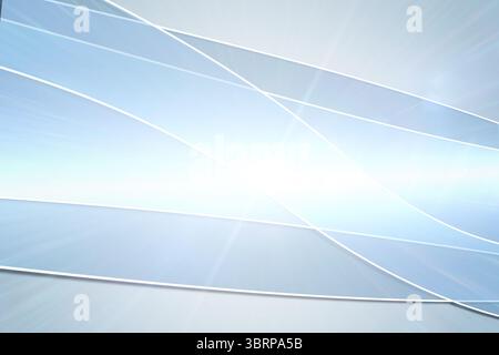 Das abstrakte Vektordesign zeichnet sich durch einen zentralen Lichteinfall und gekrümmte weiße Linien über einem blauen Farbverlauf aus Stockfoto