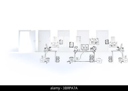 Zeigt drei minimalistische Schreibtische im Skizzierstil mit Computer und Zubehör vor weißen Türen Stockfoto