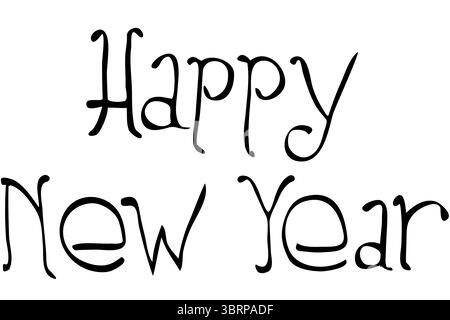 Dekorativer schwarzer Kursivtext für „Happy New Year“ wird auf flachem Hintergrund, Kopierraum angezeigt Stockfoto